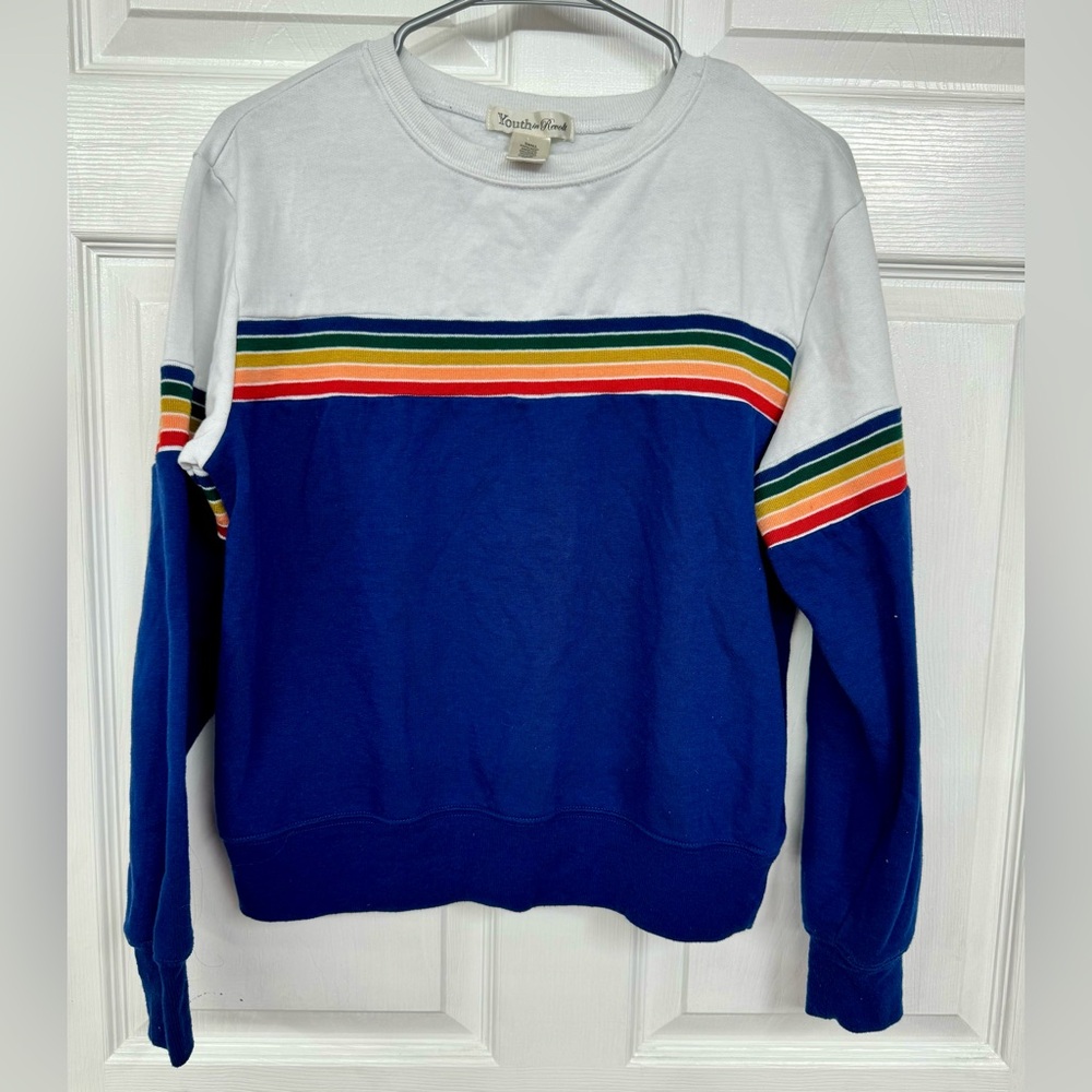 80s inspired multi-color stripped, small sweatshirt.